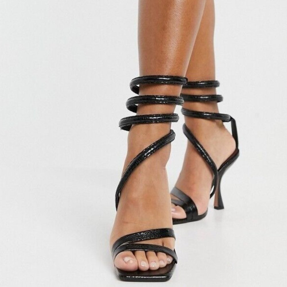 ASOS DESIGN NIXON NEW SZ 9 M 40 BLACK SNAKE PRINT WRAP AROUND 4.5" HEEL SANDALS